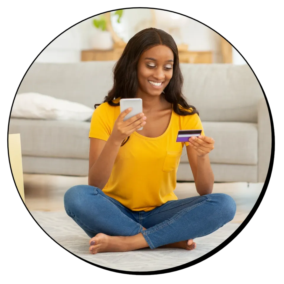 Happy female client shopping online